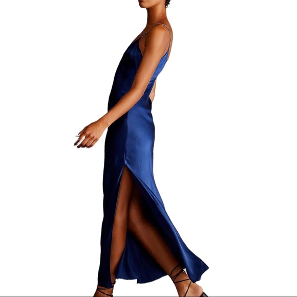 Dannijo x Free People Crystal Strap XS Blue Silk Slip Long Maxi Slit Dress - Picture 5 of 10